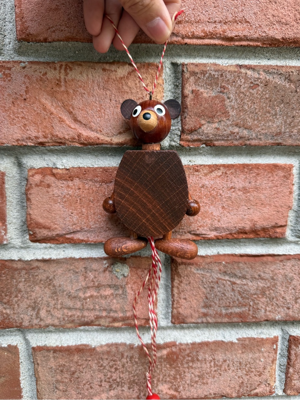 Super cute vintage wooden dancing bear pull toy ornament. Folk art Christmas